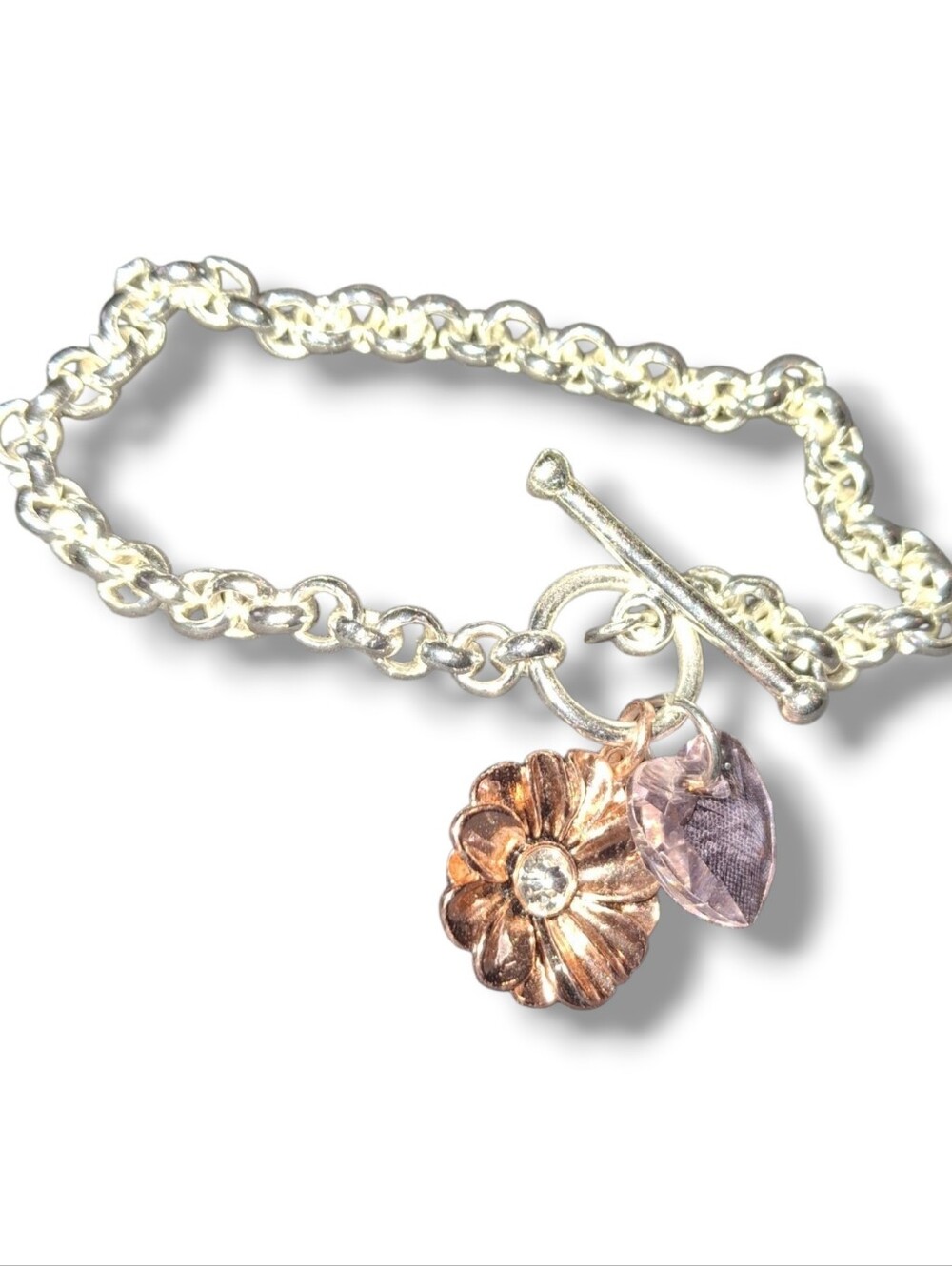 Rose Gold Plate Cz Silver Toggle Bracelet Flower Charm and Pink Crystal Signed